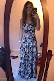 I ordered an XS and am a total pear shape and my hips are actually 36.5 so I wanted it to be more fitted. I could've actually gone down another size but I think it would've lost that boho vibe the dress has as it is flowy. My modesty snap stayed closed even with a strapless bra and no need for pinning. I will probably pin the slit closed a little at the top as I plan on wearing it to a baby shower, super easy fix and honestly I'll do it with a safety pin because the slit doesn't bother me so I would like the open to revert it back to the original slit. Other than that it is light fabric but not see through, the straps are adjustable for that perfect fit in the chest. And for other pear shaped women reading this review, have no fear that this dress will make you look wider than you actually are! - Kara C.