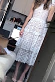 Love the structure to this dress, the higher neck and the heaviness of the lace. Makes this dress very flattering and hides things well. A more conservative dress option that is still really cute! Really into the midi length/tea length and the pattern of the lace too. - Rachel H.