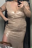 This dress is absolutely beautiful and made out of a very flattering material. It was a little too form fitting for me, but even still it looked really nice on me. The only reason it's not getting 5 stars is because I tried it on once and am still trying to get sequins out of my carpet. Overall great dress though. - Rachel C.