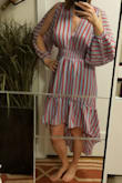 The style and cut is beautiful. I loved how it looked on me, and it fit perfectly (I wear a 4/small). However, the red stripe isn't actually solid, there are thin yellow stripes down the center of the red which were unexpected. Also, the blue is not as vibrant as I expected. I am returning the dress because the colors are not flattering for my skin tone. It was a tough decision to make, however, because everything else about the dress is perfect. - Laura C.