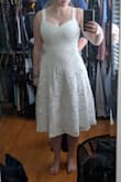 The material and the design of the dress is awesome! I am absolutely in love with it. I bought it for a casual BBQ we are having to celebrate my wedding with some extended friends and family we couldn't invite to our very small ceremony. As you can see, it does need to be tailored a little. The straps are way too long for my comfort. I'm a 32H so I can't show as much cleavage as someone with a smaller chest might be able to. Even so half of my bra was showing without my fiancee holding the dress up for the picture. It is also a little big around the waist. In the picture I am 147lb, 38 - 29 - 38 in terms of hips, waist, and chest. My fiance is probably holding on to an inch of fabric from each strap, and about an inch around the waist. It is not a stretchy fabric, so I don't know if this would warrant. - Carolina M.