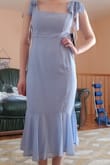 The small was pretty loose in the hips, while the XS was just way too tight (I felt nervous even thinking about sitting down or walking up stairs). Just not a flattering fit. The color is lovely and the top is cute, but requires a very particularly body size and shape to fit. The picture is of the small and you can see how the bottom part is too wide. Would require significant alterations and I wasn't sure I would like it even then. - Michelle R.