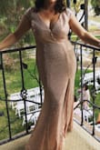 I bought this as a bridesmaid dress for my friend's wedding. She wanted everyone to pick their own dress as long as it was floor length and rose gold. It took awhile but I saw this one and purchased. It is absolutely beautiful! The craftsmanship on this dress is stunnning. Vertical stripes of sequins and hand embroidery. I will definitely wear it again. Fits like a glove too! - Celeste C.