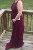 Bought for a wedding, knowing I was going to be nearly 30 weeks pregnant. I went with a size large just to make sure I had plenty of growing room. Everything fit great and the dress was good quality. I am currently 23 weeks and the dress seems to have plenty of growing room! - Lindsi B.
