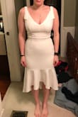 Ordered for my rehearsal dinner. The material was a little thicker, which is good for a dress this tight. A little tighter than I am used to, but I like it! Definitely shows all the nooks and crannies. I think I'll have to order new undergarments for it so it doesn't show the band of my current spanx around my waist. - Jessica B.