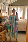 This is such a gorgeous dress!! I was online helping my friend find a white dress for her bridal shower and came across this one. She ordered it in white and I ordered it in rainbow and we're both obsessed! It has gotten me so many compliments and I've only worn it twice so far. I normally buy size medium but this one I think I could have gotten away with the small. I am however 4 months pregnant and this size will work with my growing belly. Can't say enough good things about it. - Crystal D.