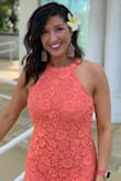 The color of this makes you feel tan & is the perfect orange/coral. It's short & a little snug in the mid section but is a fantastic wedding dress! - Trista H.