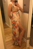 I loved this dress. I wore it to a wedding and felt amazing in it. It was a little tight on my ribs so I had to get it let out, but I only needed an extra inch. Honestly it was an amazing dress. The color was a beautiful blush. It does have a long slit which is fun, but also can be a lot in wind! - Stephanie B.
