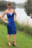 This dress fits like a glove. It's the perfect balance of sexy and chic, and the suede-like texture makes it a really good dress to transition from Winter to Spring. It's definitely a plunging neckline but I never felt like I was going to fall out - if that's a concern, a little fashion tape could probably do the trick. The shade of blue really pops - in pictures and in person - got so many compliments! Love it! - Sue R.