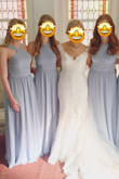 I wore this dress as a bridesmaid dress, and it was my favorite to date! It fit perfectly, requiring no alterations and was so flattering! I received tons of compliments on this dress. It was flowy and not too heavy/hot for a summer wedding and perfect to dance in. I could definitely see myself buying it in another color for future formal events. The quality is fantastic and the price is unbeatable! I would definitely recommend this dress for bridesmaids, proms, or formal/black tie events. FYI: The beautiful color is more similar to the individual picture than the group picture. - Christina H.