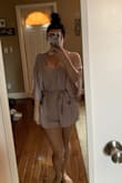 I love this romper. It's super soft, Super flattering, and very feminine. I vary between size small and medium and got a medium based on reviews. The small would have probably been too tight around hip/butt area. - Toni A.