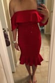 I've bought many dresses from Lulus and decided it was my duty to finally write a review! They have never failed to disappoint. 

I purchased this adorable red dress for an upcoming wedding I'm attending..three months away. That's how much I loved it online. It has a thicker and somewhat stretchy material so it looks really nice, but you can still barely see an underwear line. This dress is HOT and I'm already in love! A little longer than I expected, but I'm also very short. The off the shoulder frill is not restrictive or uncomfortable like another Lulus dress I purchased. Highly recommend buying this dress! - Shelby S.