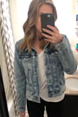 This jacket is so cute! It's not stiff like most denim jackets. It has a soft and broken-in feel, which I love. Fits true to size and I've gotten so many compliments on it :) - Sarah W.