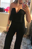 This jumpsuit is the most flattering and gorgeous piece of clothing I have ever owned. I rarely take the time to submit reviews but this is hands down a MUST have for your closet. I got more than a dozen compliments wearing this. Also if you are worried about the top falling down when dancing, it doesn't budge! I danced for a solid 2 hours and no "accidents". It is VERY long, but I just got some hem tape from Joann's Fabric. - Debbie B.