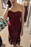 I loved this dress! I agree with some of the other reviews that the bust cups are a little wonky, but I don't think it really matters. It has the perfect amount of stretch, so it was form fitting but I'm also not worried about it falling off while dancing (I ordered true to size). I ordered it thinking I would wear it to a wedding, but the deep burgundy and lace would also be nice for a holiday party. - Paige B.