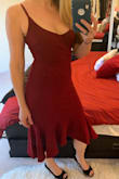 Very cute, figure-flattering dress! It does ride up a little (thus the 4 stars) but it's long enough that I don't think it's too big an issue. The straps are also made out of a different, non-stretch material which seemed a little strange, but they're thick enough that they don't dig in, and the overall look is great. - Lara S.