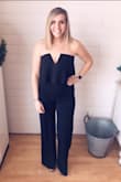 Loved how long the jumpsuit was for length. I could wear wedges and was not too short. I was a medium recommended for top and large recommended for hips. The top is a little loose, but I am going to get it taken in so I have a tighter fit. I was worried if I sized down the mid section might be too short, but it's very stretchy material, so it could have maybe worked. So many compliments!! - Brittany V.