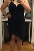 I am a size 10/12 dresses, size 8 jeans, and 36D bra size. 

I was really really excited about this dress. The dress is very well made - great quality lace. And its super nice on. The only problem I had was that the top part was awkwardly too big. I have 36D's and they felt like they were floating around in the material. The rest of it fell nicely on my waist and hips and the length was good too. But because you'd have to go bra-less in this dress, the top was just too big and would've been uncomfortable. Returned :( - Meagan L.