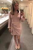 Fits perfect and is the perfect color. I am only 5'3" and I'd say it's on the verge of being too short to wear to work, so beware if you're taller (especially when bending or kneeling). I see that some taller women have ordered, but I personally don't feel it would be appropriate for work if it were any shorter on me. I've gotten so many compliments on the dress though. I just ordered in black so I have one for the winter as I think it would look great with tights! - Ashley H.