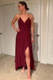 I am 5'11" and athletic build, so I was a little worried when I ordered size M. It fits perfectly and I will be definitely wearing this for a wedding in Italy. It is long enough even when I am wearing heels.  Fabric is good quality, not too heavy. Love the slit and the back. - Katrina E.