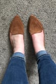 I originally bought the non leather flats in the same style and had to return and got these instead. They are totally worth the price difference!! Super comfy and cute!! Now I have to decide which color I want next. - Caitlin