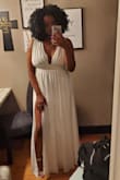 I was on the fence about this dress. I almost returned it when I first tried it on. I ended up keeping it and wearing it for a bridal shoot. I am in LOVE! It's so gorgeous!
The waist is very tight. I'm usually a size L, and this was hard to zip, but XL would've been huge. I made it work and will definitely wear it again for my bridal shower. I may even have my bridesmaids wear this in burgundy for my wedding. It really is gorgeous. It does have side boob, so be cautious if that's not your thing. It probably would be unnoticeable on someone with a smaller cup. Buy this! - Sandra R.