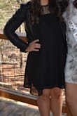 I really love the fit and simplicity of this dress. I usually get a medium but since it is so loose and flowy I went with a small. I'm so glad I did!  The neckline is very interesting but still comfortable. The material wrinkles a little, but it is not bad or that noticeable. The length was perfect on me and it hit a couple of inches above my knee. It hid all my imperfections in my stomach area and I felt great in it all night long! - Chelsey T.