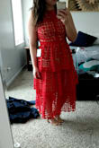 Love the dress - felt gorgeous! The dress has a lot of personality and was fun to dance in. Ordered a large because I am bigger in the thighs and back area. Fit beautifully except for being a little loose up top. However this was not noticeable to others or in pictures. A medium probably would have worked, however I think I would have been a little uncomfortable sitting and eating. - NinaMarie O.
