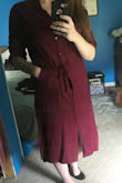 Love this dress. Love the color. Fits perfectly for me. I wear a slip underneath because I have a rather large chest and if you move a certain way it parts a little, but not enough to be a rea issue. It's only happened once. I might have gotten a larger size. An Xl verses a L, even if I did I'm sure that it would have been fine as you can tighten the waist with the belt. Really love this dress and intend on wearing it next year during my student teaching. AND it has pockets. Which is great!! - Chelsea T.