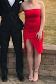 I wore this as my senior prom dress and it was perfect! It was form fitting but not too tight anywhere. The red color was rich and the material was thick and good quality. The zipper was also good (didn't stick or anything). I had gold jewelry and shoes and the colors were perfect together! - Emma S.