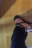 I liked them, but have to return them because they are too big. I have about 1/2" of extra heel space which I do not like, especially with sandals. I ordered a size 7, the size I usually always wear, but these are too big. They also run a tad wider than I would like but not to the point that I wouldn't purchase the shoe. I didn't size up by a half and they are too big, so I would size down if you do not like extra heel space. I like my sandals to come almost to the end of my heel. My toe nails are not painted so I won't take a picture with them not painted. Just how I am. I tried to show the extra space without getting my toes in the picture. lol - Linda M.