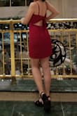 Love the style of this dress! I'm pretty short so the dress hit way past my fingertips. I wore this to both a nightclub and a classy night out to the theatre, and felt well-dressed for both occasions. Love the tie detail in the back and the red color. A small complaint: the hem at the neckline was not very straight, and I might try to alter it in the future. - Po T.
