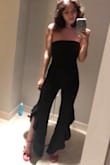 Perfect outfit for a night out in Atlantic City. I'm usually a small everywhere else, but I ordered an xs on this and it fit great! I'm small chested and was able to fill the chest well without a bra, but it's tight enough to be able to compress a big strapless bra underneath to look natural if you want more shape. The top didn't slide down all night. It was also so tight that I couldn't wear underwear in it. - Nicole L.