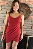 Love the Material and fit of the dress!!! I got rust red, The color is so pretty and looks even better in person. The straps are a little loose but no biggie. I was scared about the flap part, but it doesn't come up or anything, just wear shorts under. Wearing this for my Formal, love it. - Maria O.