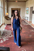 I wore this jumpsuit to a wedding. I love this jumpsuit and got so many compliments!!! I did have to get it hemmed, it's way too long even with 3 inche heels. I did not wear a bra, I taped my bust and it worked great. However, you cannot jump up and down! - Sarah L.