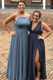 The light blue dress is very pretty in silhouette and color. Length was perfect for me and room for a small heel (2-3 inches), however the hem was crooked so I had to get it altered. Typically given my larger chest sizes I prefer dressed that are fully lined, or have support or thicker straps but with a sticky bra and a basting line (from my tailor) this dress was snug and secure. Unfortunately, I wore this on an extremely HOT day in Florida for an outdoor ceremony and the thin fabric showed my sweat from my rib cage area. * dark blue dress is also Lulus. - Rachael R.