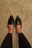 These are my spring flings. The croc-embossed patent design make these loafers look high-end. Originally, when I tried them on I thought the pointed toe was too pointy, elf like. But I'm over it, as these are so comfy with a slightly cushioned insole. They look smart with dress pants or jeans. I usually wear heels to work but these are for my stress-free-feet days. They slide right on like slippers and I like that they have a rubber sole. I'll admit it's a challenge keeping them on while walking up a flight of stairs. And they did arrive with some green rubbery stuff on one heel that has since dissappeared. All in all, for the price and comfort I'm pretty pleased and my feet are happy. - LaKisha B.