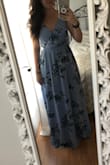 I was a little hesitant to order a floor length dress because of my height, but I ordered a small and it was perfect with my heels! The heels are about 4" tall. It's perfect for my best friend's wedding in May that I will be wearing it to! The tie on the back makes it a good fit for girls with a smaller bust like me. I don't need to wear a bra with it either! - Jessie B.