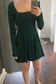 I love the color, the stretchy ribbed material, and the cut! The only things I have to say is that it's a little on the short side, so I don't feel comfortable wearing it without shorts on underneath, and the neckline is really wide so wearing a bra with it is a little annoying (trying to hide the straps) I suggest wearing a strapless bra with this. Very cute dress otherwise. - Lauren S.