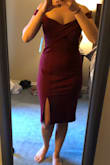 Love this dress. It's a thick material so might be a little hot for July/August. It's stretchy and hugs in nice places. The arms aren't as tight as it looks on the model. I won't have an issue dancing. - Melanie G.