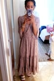 I was SUPER pleased with this dress. I'm a shorty- so this dress is the PERFECT maxi dress on me. I wore this to my brother in laws Spring wedding and I loved it. The colors are a beautiful lavender purple..my ONLY con? It's quite large in my waist area. I do have a very slim waist but I wish it could have been snug in that area for me. Also, I have a small chest so the chest area- thankfully there was a little snap button for closure- but wish there had been more than one snap button.
All in all, a great beautiful dress...! - Kim D.
