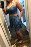 This outfit is super cute! I have large hips and butt and I was so happy that it still wasn't too short or too small!! That's huge for me! The skirt also has pockets. I also love that it doesn't show too much stomach! - Alyssa T.
