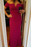 It's a beautiful dress in a gorgeous color! This dress is made of quality material and it's fully lined. I am amazed by this considering the reasonable cost. The dress is a little low in the chest area for me, I am having it altered to bring it up a little so I can wear a strapless bra without it showing. Doing this lifts the hem up just enough that I don't need to have it hemmed, but I am wearing 3 1/2 inch heels.
Otherwise, perfect! Can't wait to wear it for a June wedding. - Jennifer T.