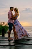 I wore this two-piece for our engagement photos in Mexico. The 'peach' is a bit more 'pink' in person but a lovely color. The skirt has many layers and was a bit heavy but it was worth it considering how beautiful it looked in our photos. I love that the top can be worn separately with another skirt or shorts. The fit was great, the top is adjustable in the back. It was well worth the price, love! - Amanda W.