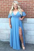 This dress is very beautiful and flowing. True color. I ordered an XL in the slate blue. I love that it hides trouble areas. However the dress is very long and if you are bigger chested the cleavage is a bit much. I feel like if I had it pinned it would've been better. Just things to consider before purchasing. Overall I think it's a great dress to have in your closet. It is elegant but not too over the top. - Haley W.