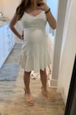 So I got this in hopes it would work for my baby shower! I'm 30 weeks pregnant, usually wear an XS in everything at Lulus and sized up to a M for comfort and length! It fits great but not quite how I hoped. I thought it would be a little more fitted in the belly area... Still soo cute and very comfortable!! Nice thick fabric and not see through at all. - Karlie N.