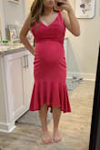 I got this as a possibility baby shower dress! But went with another option! still keeping to wear for an upcoming wedding! I'm usually an XS in Lulus, but being that I'm 31 weeks pregnant I sized up to a Small. Fabric is very stretchy and thick. Very comfortable. Only thing is it's VERY long on my 5'2 body lol Will definitely need to get the skirt hemmed especially in the back! - Karlie N.