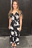 Wore this for my birthday dinner! Love the black and white floral pattern. It fits pretty well the only thing is that the neckline plunges down a little far because it was a tad loose but it still looked amazing! - Ariana R.