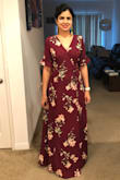 This is an amazing burgundy colour floral dress. Material is flowy and very comfortable to move in. Fits true to size and the material is perfect for beach outings as it flows beautifully with the wind. Everyone around gives you a second look. Love the dress! One of my favourites. Love the sleeves too. - Sarita U.