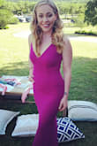 I love this dress! Wore it to an outdoor spring wedding and it was perfect. True to size, but a bit long on me. I did get it hemmed as well as the bust pinned a bit. It is a figure hugging dress, so you can't hide anything. Magenta color is beautiful and bright. Looks great with gold or rose gold jewelry. - Jessica T.
